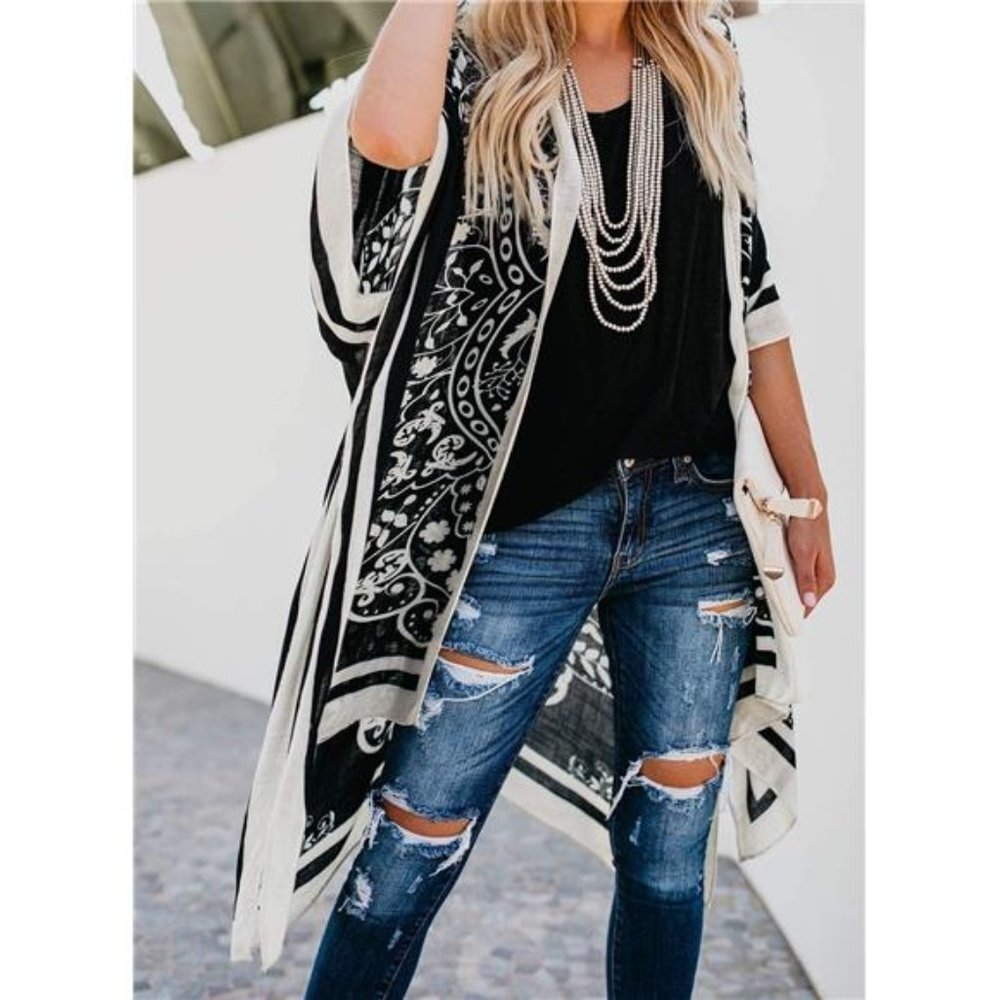 Boho Black Floral Printed Cardigan Long‎ Kimono Duster Bikini Swimsuit Coverup